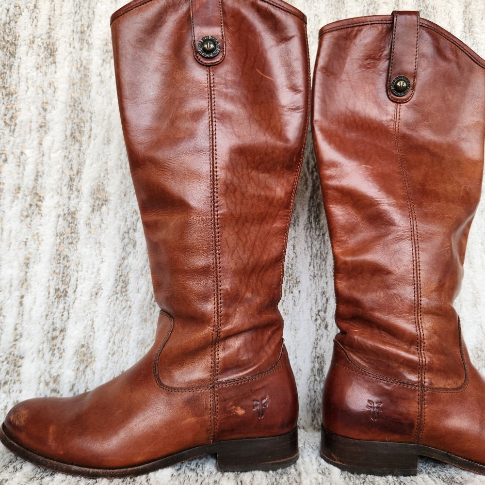 Frye "Melissa Button" Tall Riding Boots Cognac Brown Leather | Women's Size 5.5B - Picture 8 of 15